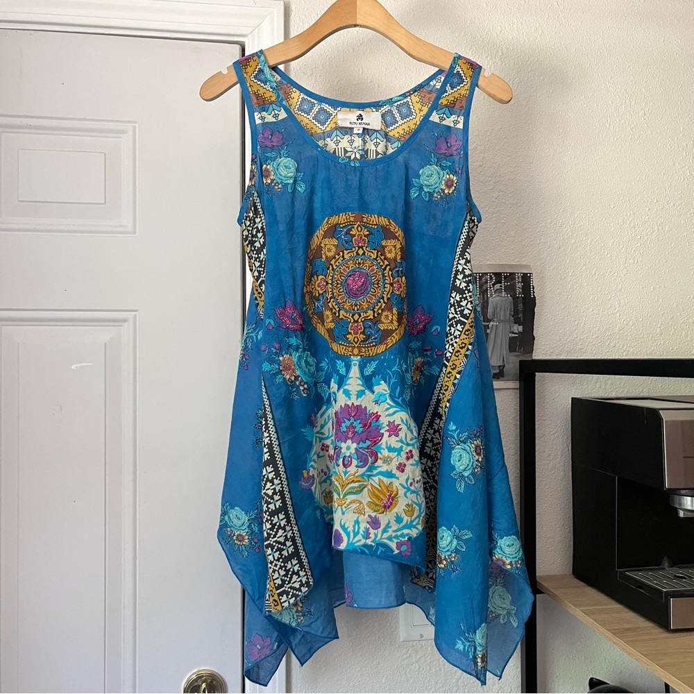 RITU KUMAR blue beaded‎ printed draped soft semi sheer shark bite tank top